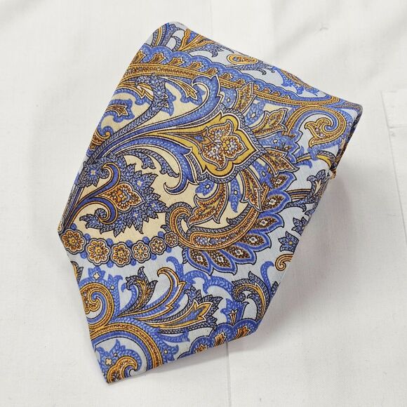 Paul Fredrick Necktie Men's Silk Blue Gold Floral Paisley Design Preppy USA - Picture 1 of 8